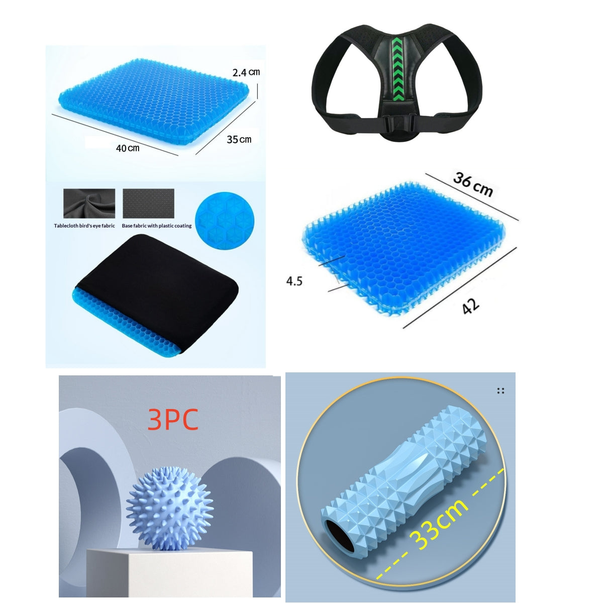 Posture corrector belt with gel seat cushion, massage ball and foam roller