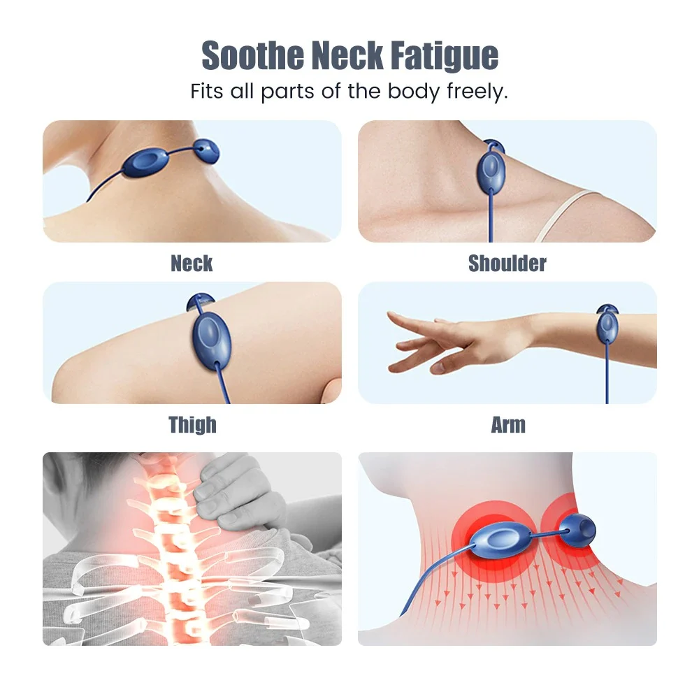 Portable EMS massager pads shown on neck, shoulder, thigh and arm