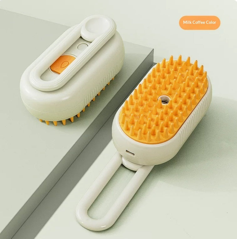SteamyGroom pet steam brush in Milk Coffee color, top and bristle view