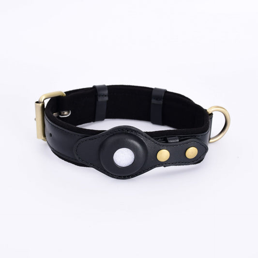 Classic Black leather AirTag dog collar with brass buckle and D-ring