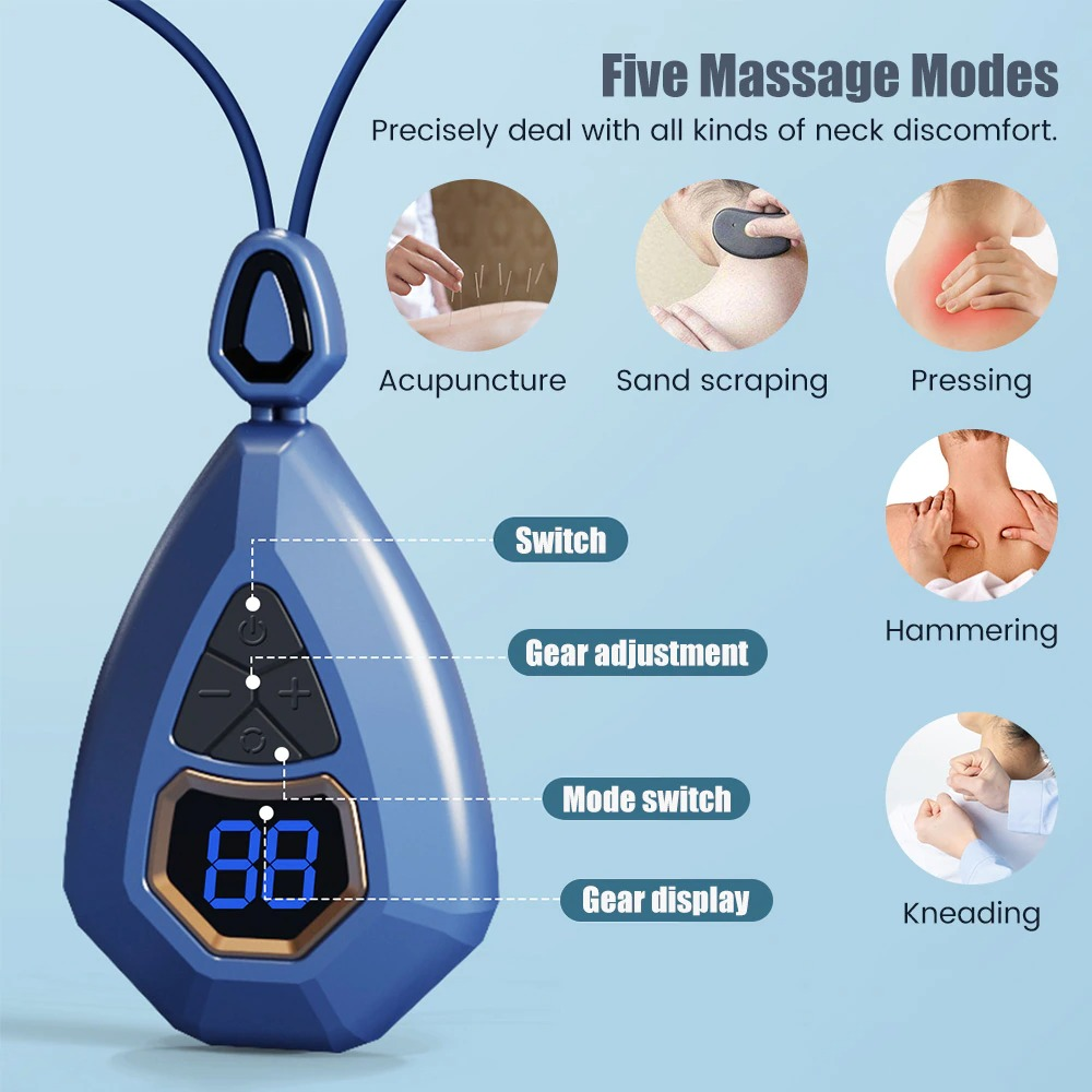 EMS neck massager controller with buttons and display, five massage modes chart