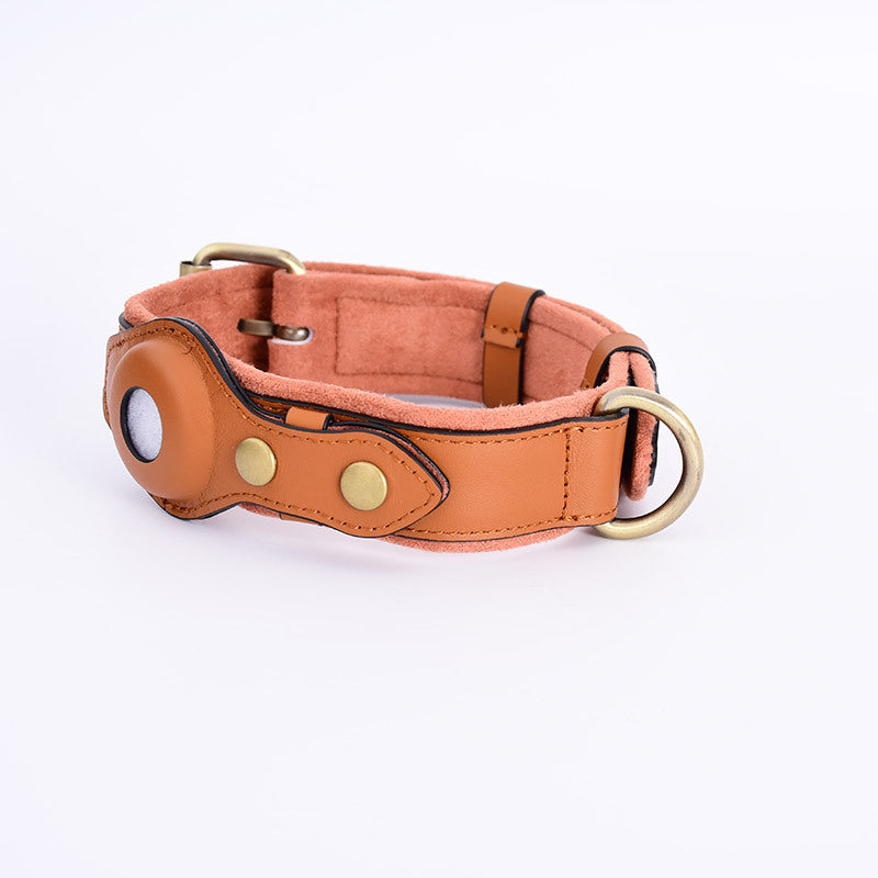 Brown leather AirTag dog collar side view showing the holder and buckle