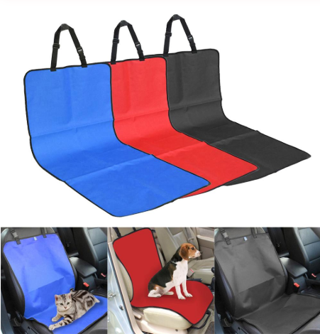 RideReady dog car seat cover in blue, red and black, shown on car seats with a cat and a beagle