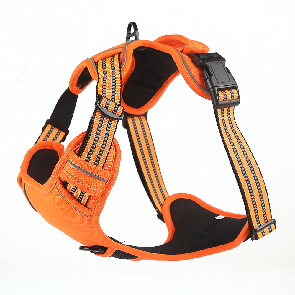 Safety Orange no pull dog harness with reflective stitching, side view