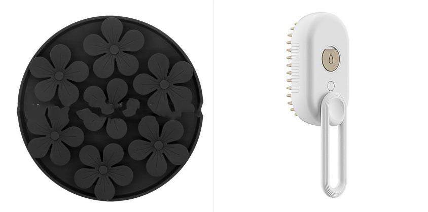 Pet steam brush set: white steam brush with black flower-pattern lick mat