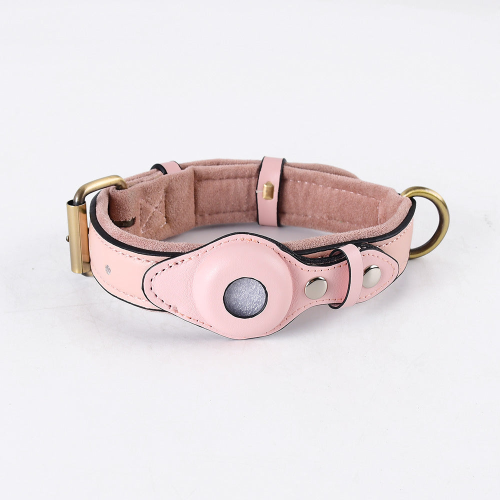 Blush Pink leather AirTag dog collar with brass hardware