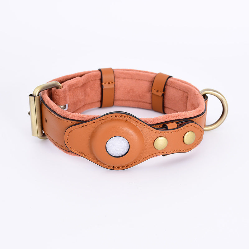 Saddle Brown leather AirTag dog collar with padded pink lining
