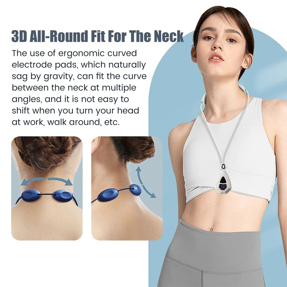 Woman wearing the white EMS neck massager around her neck while standing