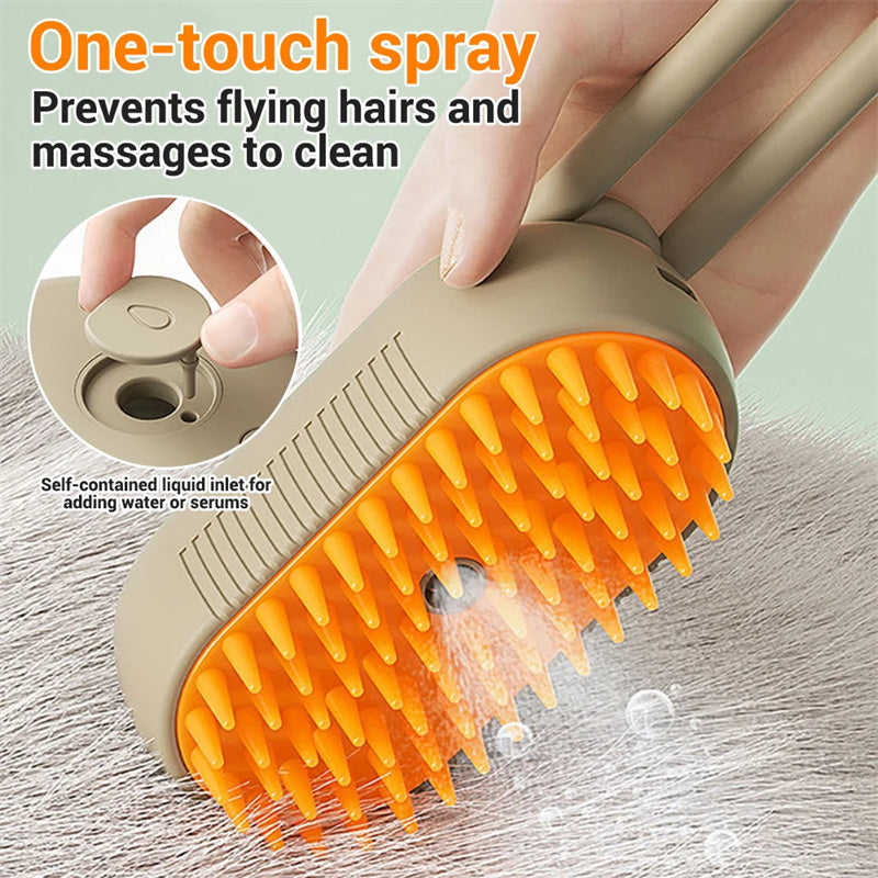Pet steam brush spraying a fine mist, with close-up of the water refill inlet