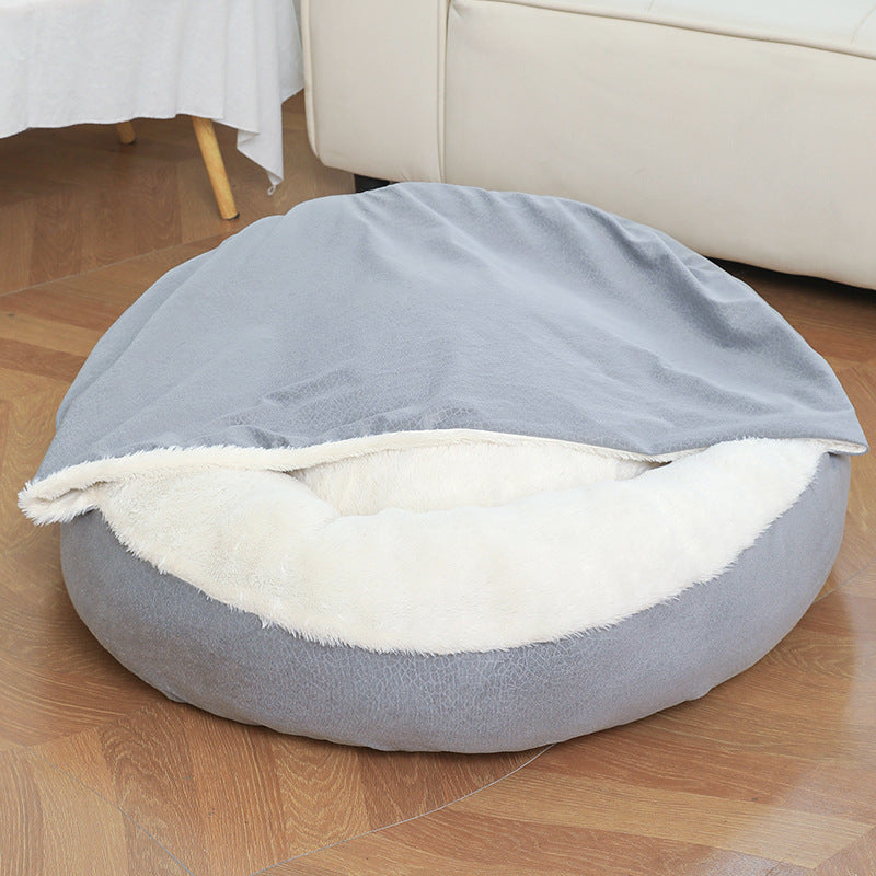 Gray CozyCalm hooded dog bed with fluffy white lining