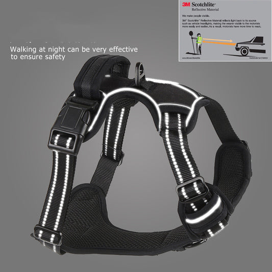 Black no pull dog harness with reflective strips shining under light