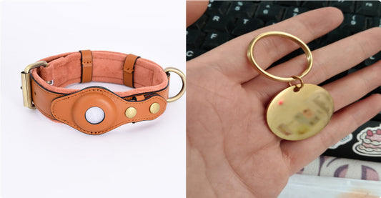 SmartPaw AirTag dog collar in brown leather next to a round gold ID tag (AirTag not included)