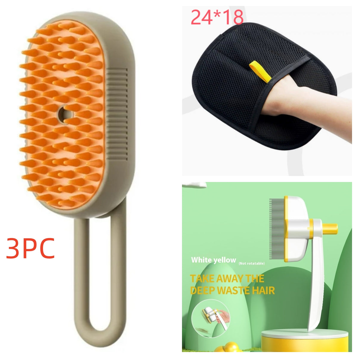 Pet grooming set: three Milk Brown steam brushes, grooming glove and deshedding comb