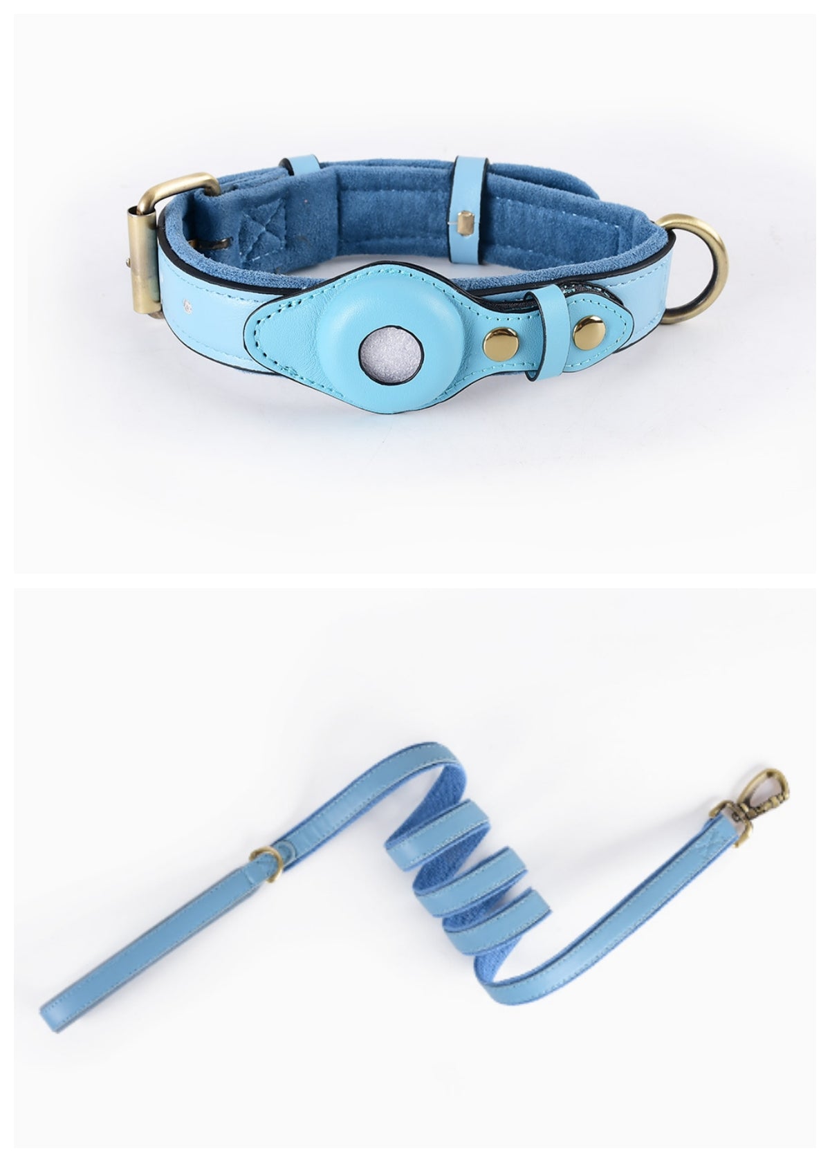 Slate Blue leather AirTag dog collar shown with a matching blue leash