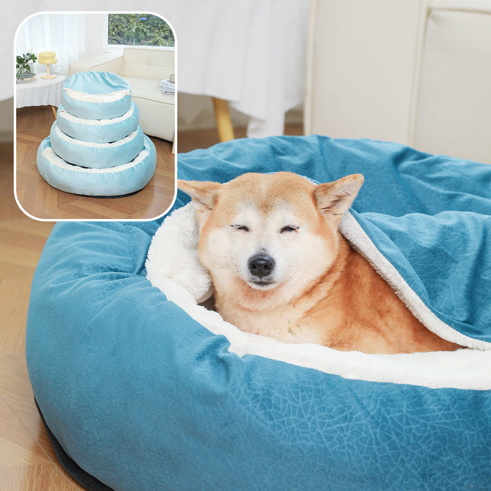 Shiba dog resting in a teal round hooded dog bed, inset showing several sizes