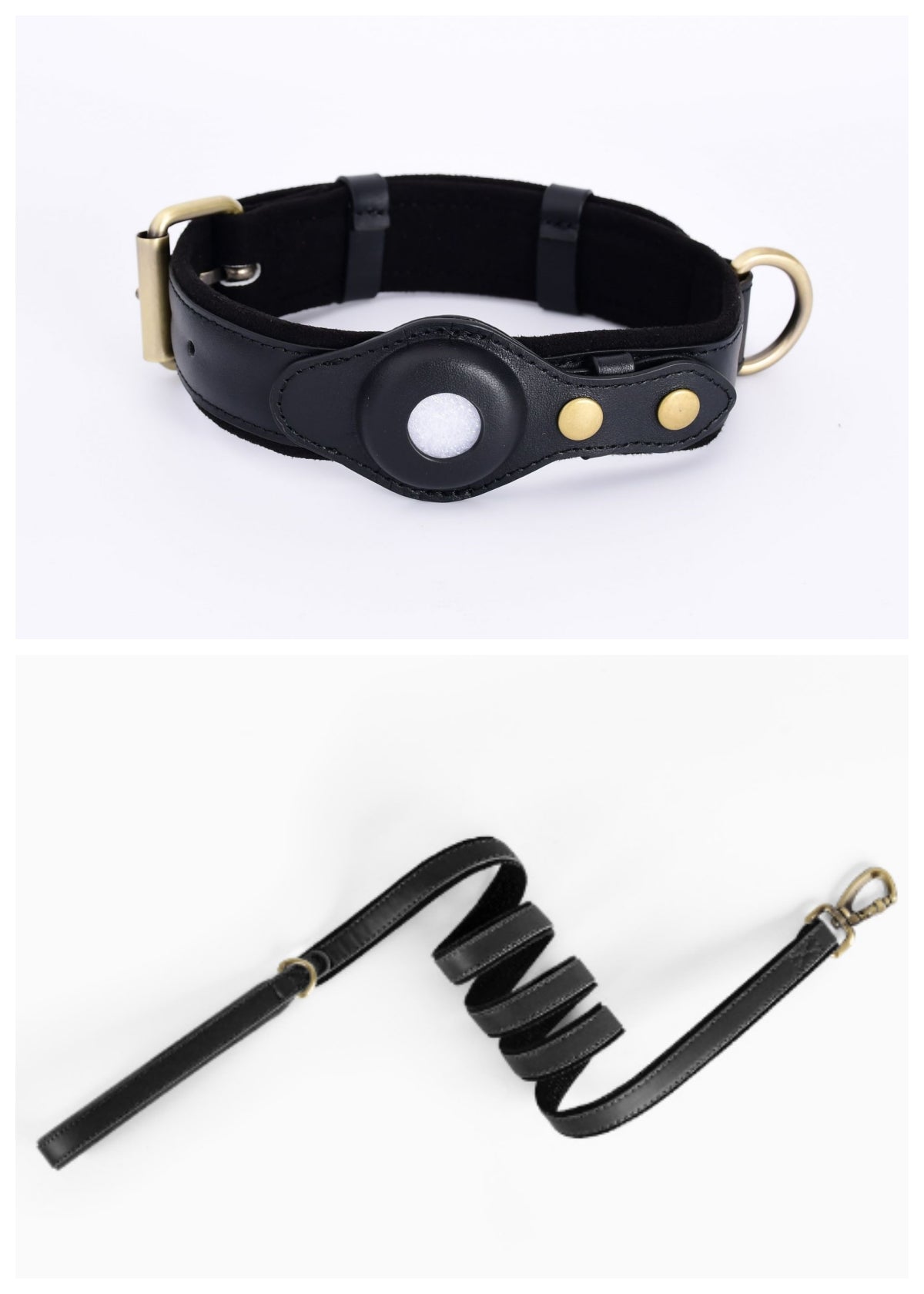 Black leather AirTag dog collar shown with a matching black leash