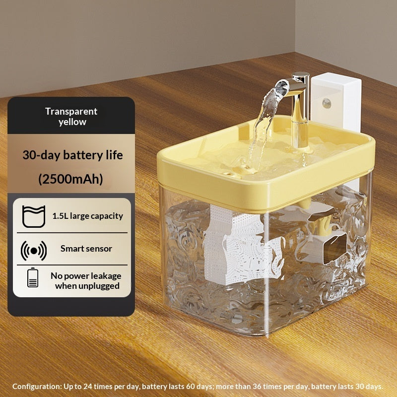 Transparent Yellow PureFlow cordless pet water fountain on a wooden table