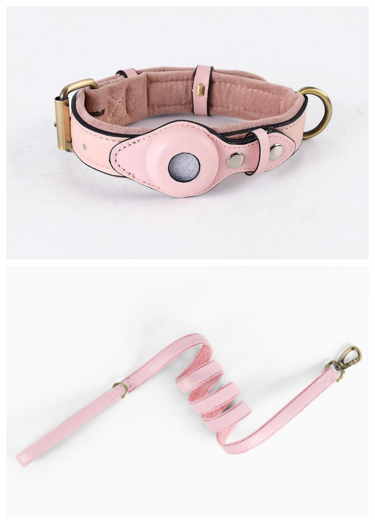 Blush Pink leather AirTag dog collar shown with a matching pink leash