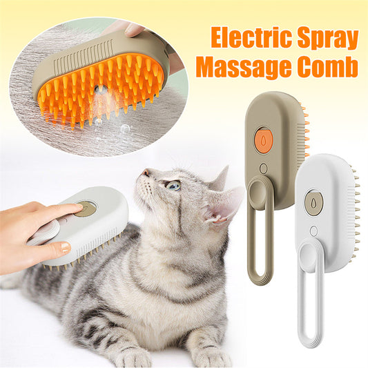 SteamyGroom pet steam brush with spray mist, in brown and white, being used on a tabby cat