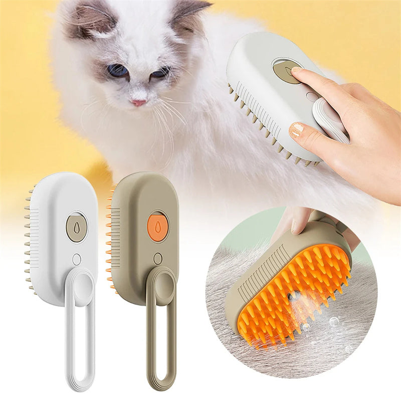 Fluffy white cat next to white and brown SteamyGroom cat steam brushes