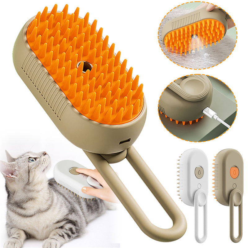 Brown spray grooming brush for cats and dogs with USB-C charging port close-up