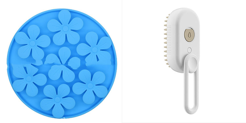 Pet steam brush set: white steam brush with blue flower-pattern lick mat