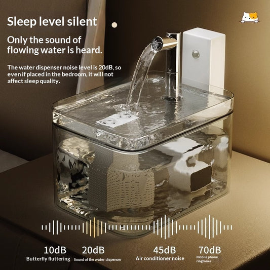 PureFlow cordless pet water fountain on a bedside table with noise level chart