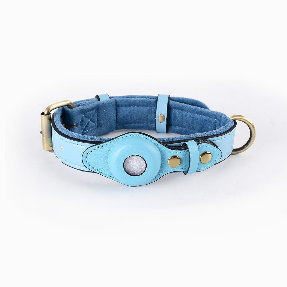 Slate Blue leather AirTag dog collar with brass buckle and D-ring