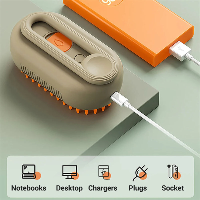Pet grooming brush charging by USB cable from a laptop, desktop, charger, plug or power bank