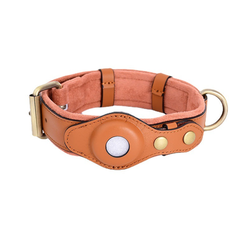 Saddle Brown leather dog collar with AirTag holder, front view