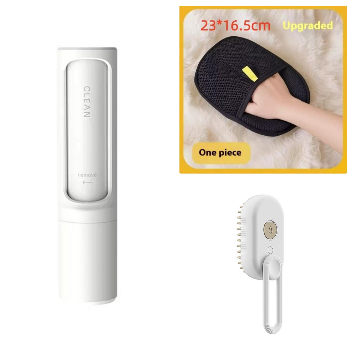 Pet grooming set: white steam brush, lint roller and grooming glove (23 x 16.5 cm)