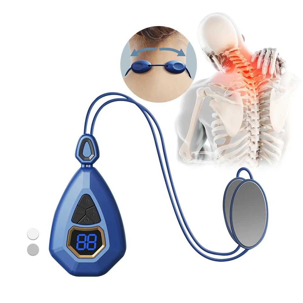 Blue EMS neck massager with two electrode pads and controller