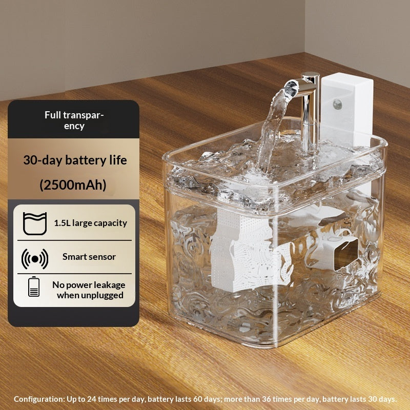 Fully Transparent PureFlow wireless cat water fountain, 1.5 L, on a wooden table