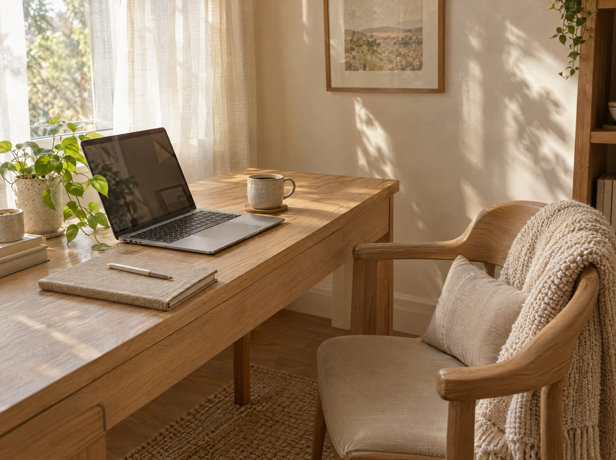 Calm home office corner with an oak desk, laptop, coffee mug, plant and a cushioned chair with a knit throw in morning light