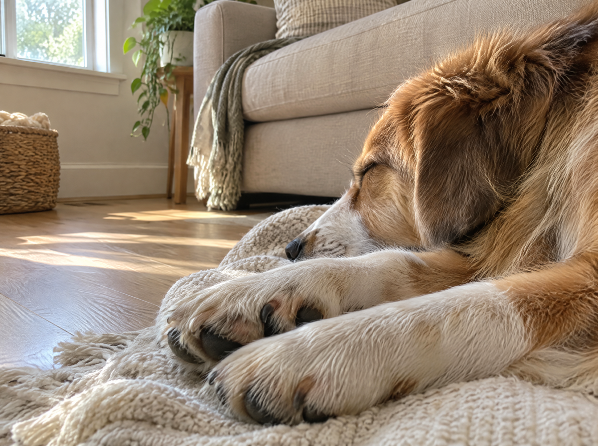 Dog sleeping on a cream knit blanket in a sunlit living room