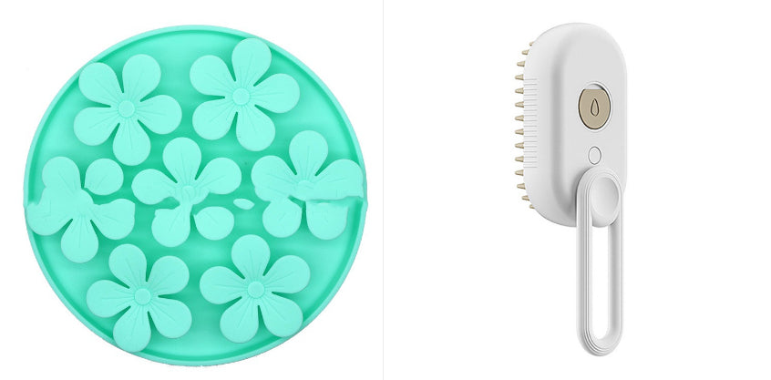 Pet steam brush set: white steam brush with teal flower-pattern lick mat