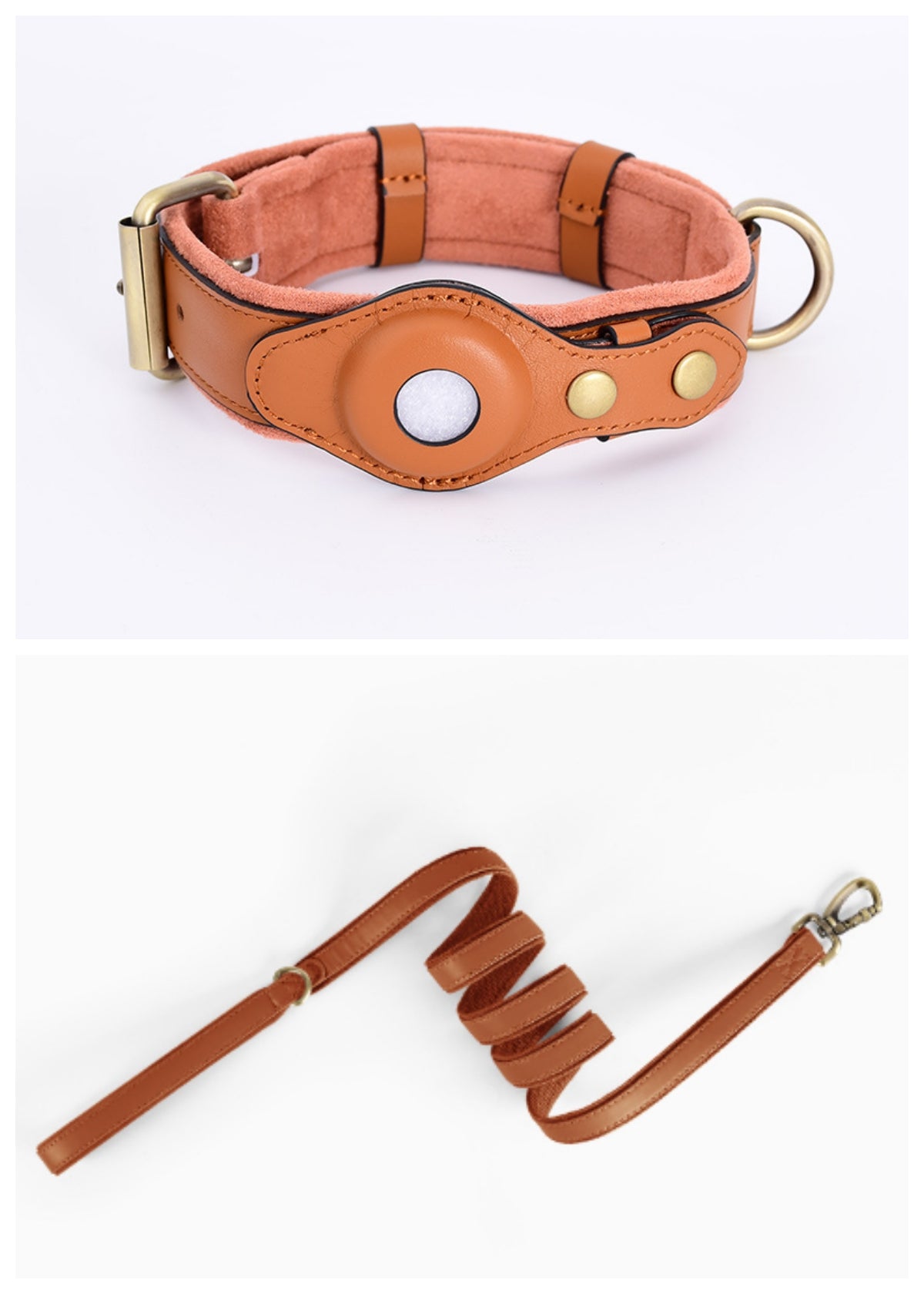 Saddle Brown leather AirTag dog collar shown with a matching brown leash