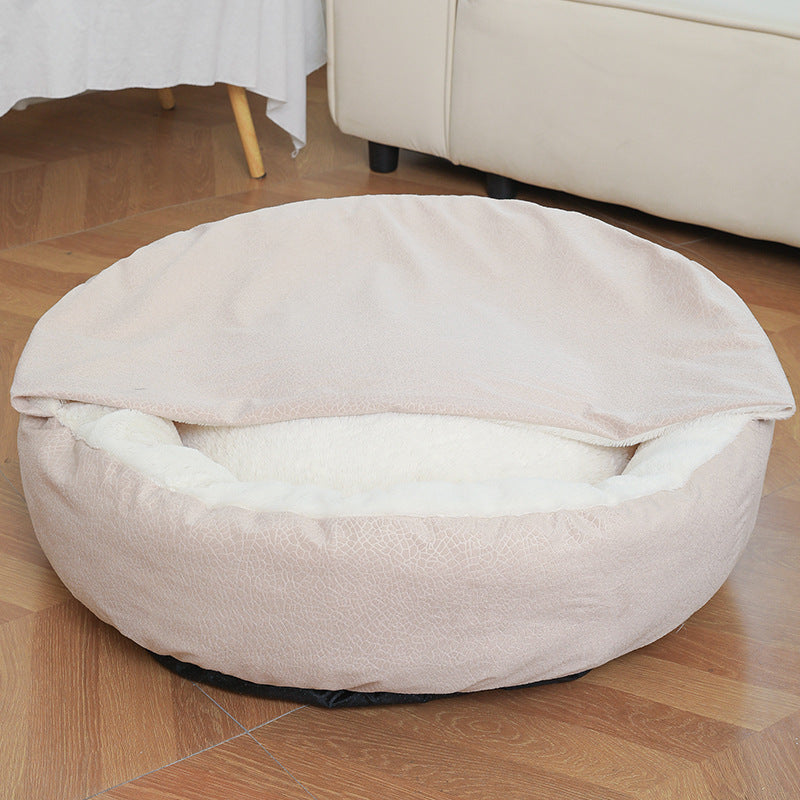 Beige CozyCalm round hooded dog bed with fluffy white lining