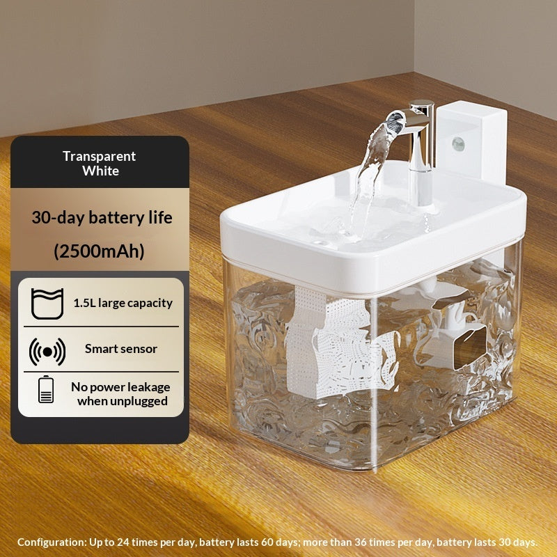 Cordless pet water fountain with transparent body and white lid on a wooden table