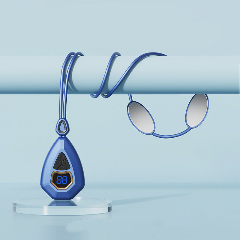 Blue NeckRelief EMS neck massager hanging on a bar, pads and controller visible