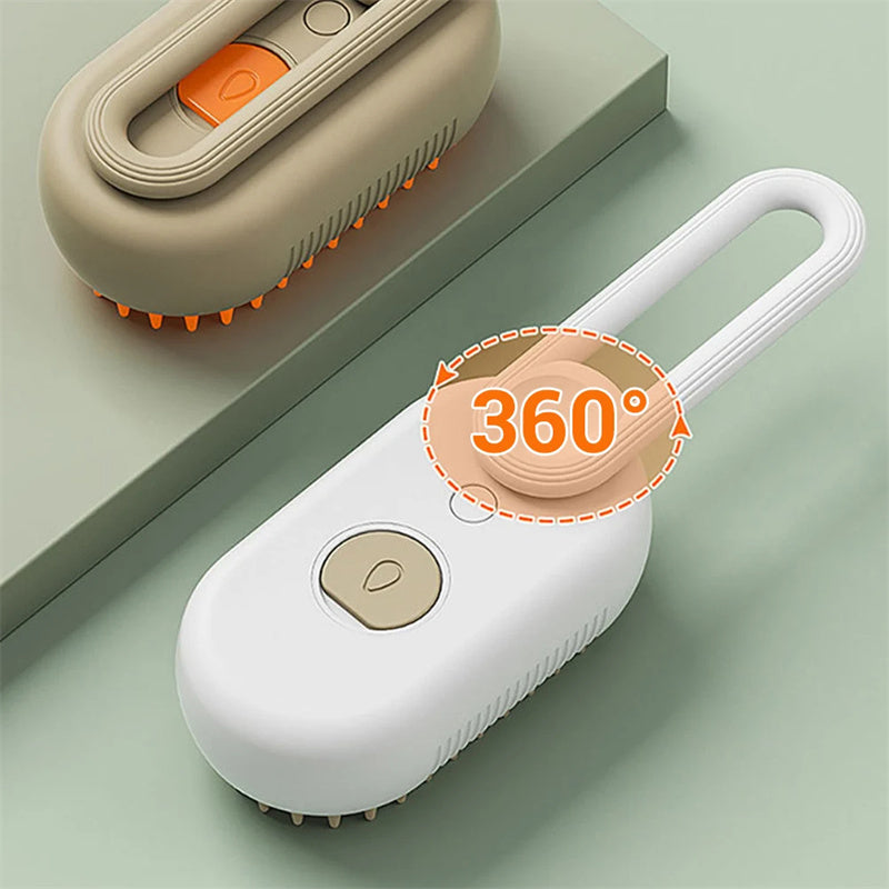 Pet steam brush with 360-degree rotating handle shown in white and brown