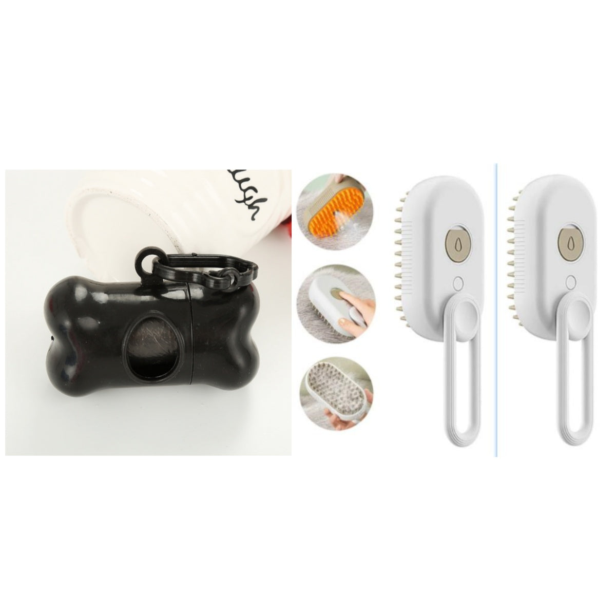 White pet steam brush set with a black bone-shaped poop bag dispenser