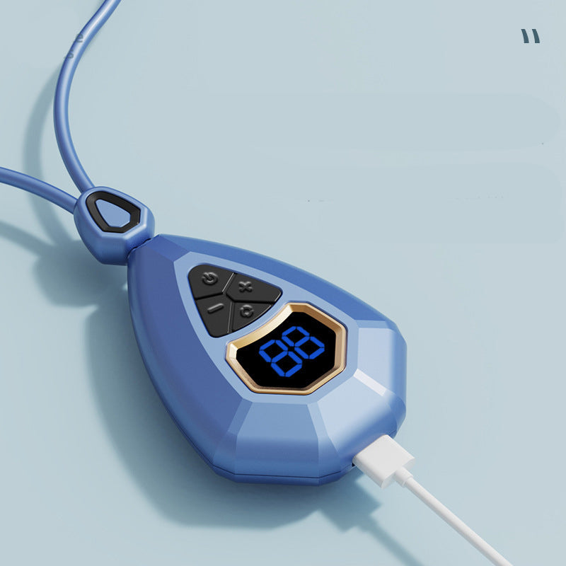 NeckRelief EMS neck massager in blue with digital display, charging by USB cable