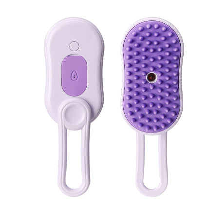 SteamyGroom pet steam brush in Purple, front and bristle side