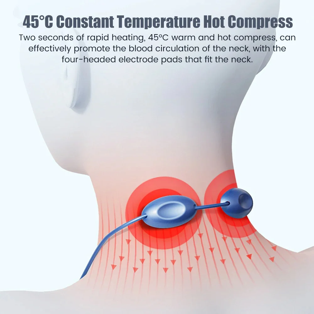 Heated neck massager infographic showing warm pads on the back of the neck