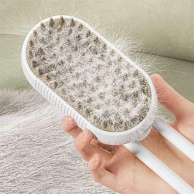 White pet steam brush full of loose cat hair after grooming
